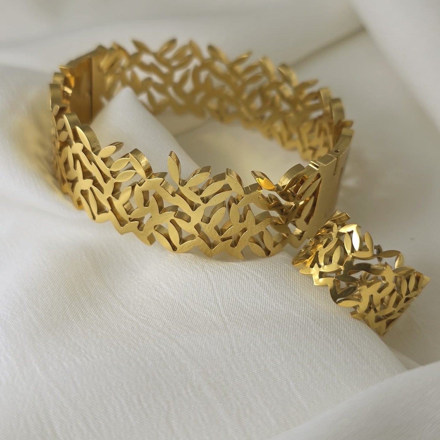 Leaf Bangle & Ring Set - Adjustable