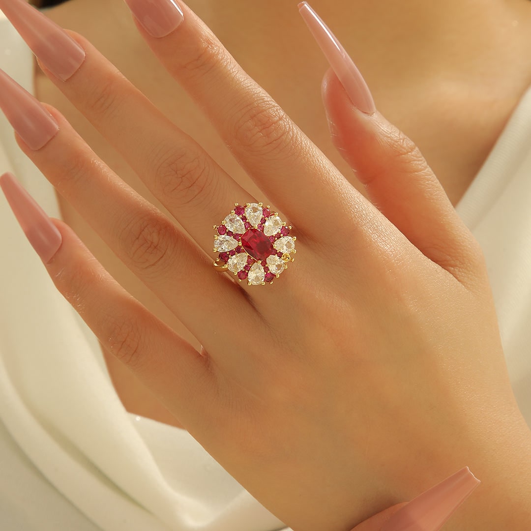 Lavish Ruby Floral Halo Ring