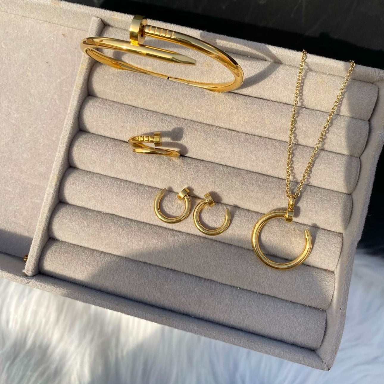 Nail Bangle, Earring, Ring And Necklace Set
