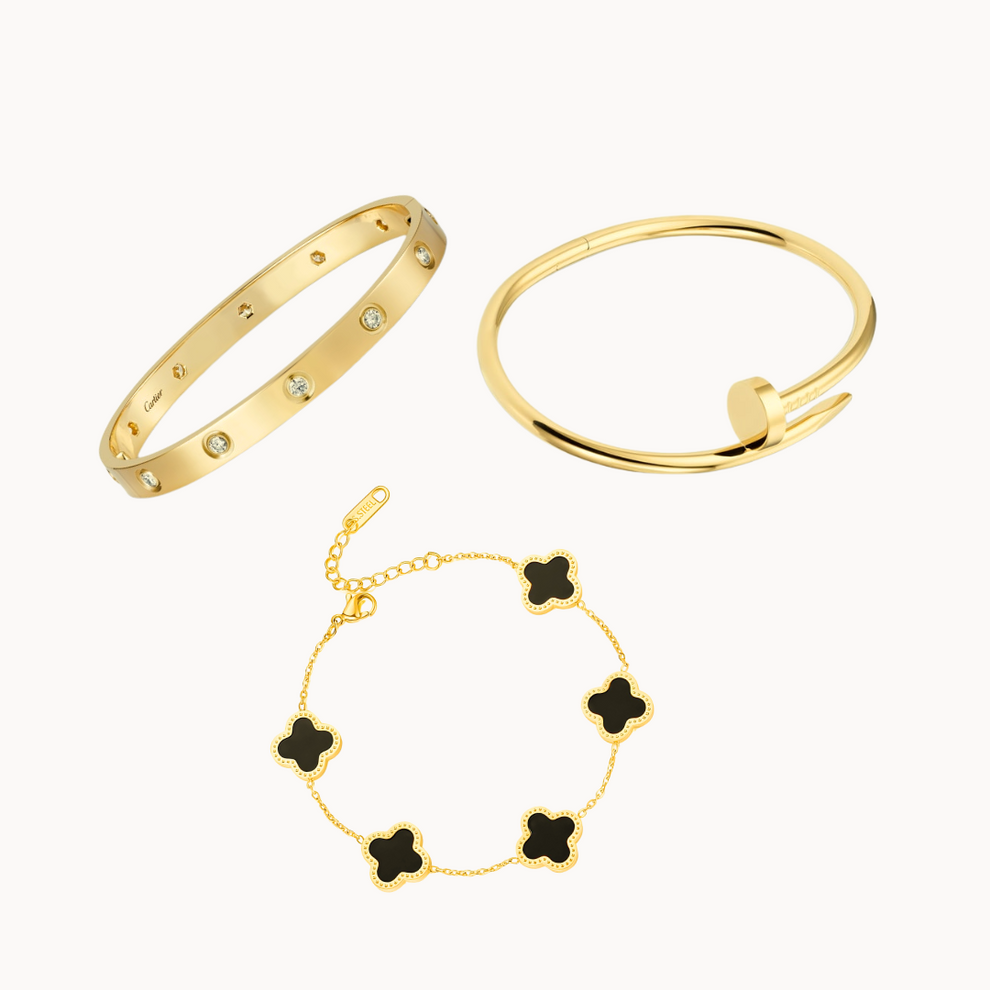 Cartier Nail, love bangle with black clover bracelet ‘Stack’